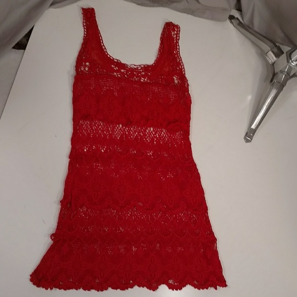 Sexy Crochet Dress Bright Red v Feminine Ravi Khosla Long Mini Short Midi sz Med - Picture 7 of 8